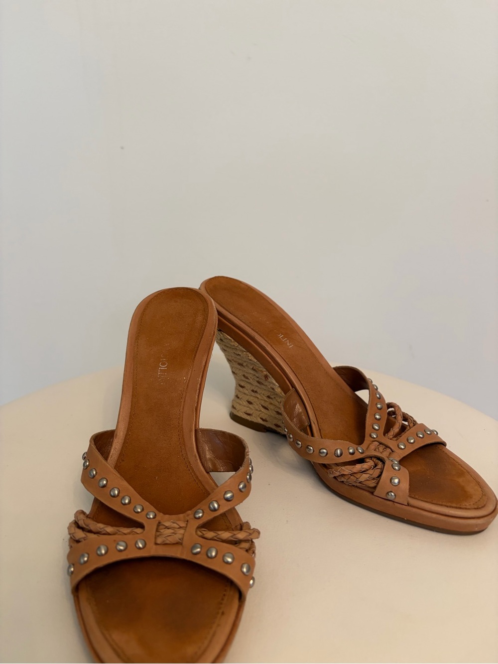 Enzo Angiolini Women's Tan Wedge Slide Sandals with Stud Detail